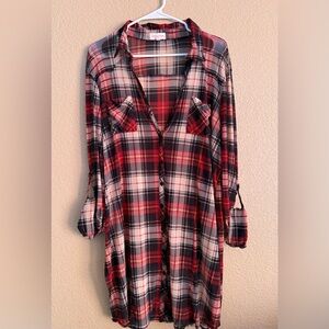 Long Sheer Plaid Button Down Flannel w/ Side Slits